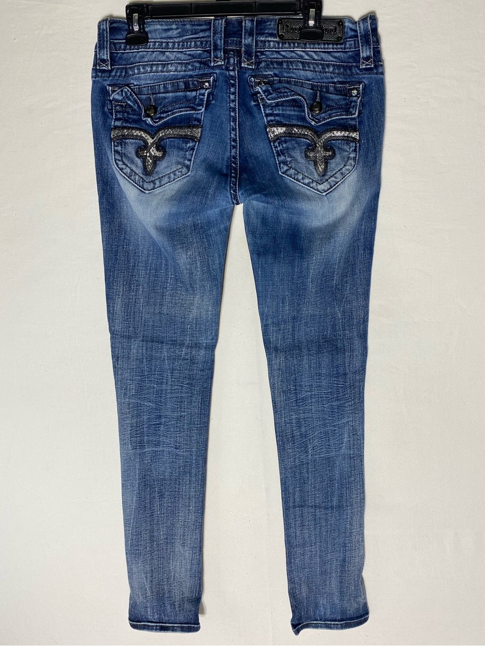 Vintage Y2K Rock Revival Jen Skinny Jeans  30 Rhinestone Fleur De Lis Distressed